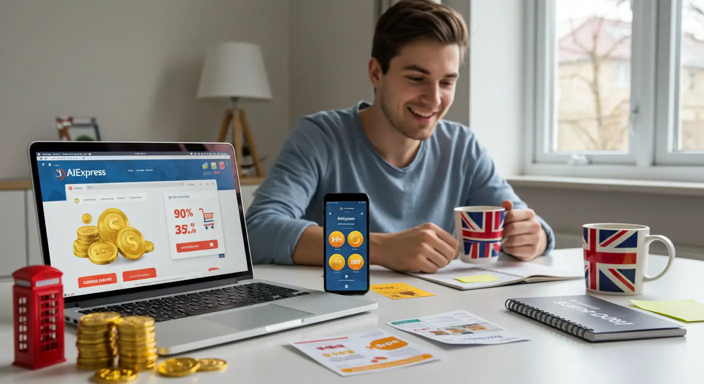 Screenshot of the AliExpress homepage showing coins, coupons, and discount offers highlighted for new users, with various product categories displayed.