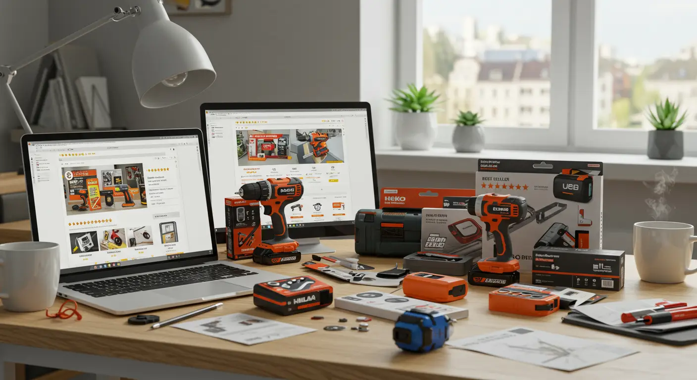 Screenshot of the AliExpress website homepage displaying various DIY tools and product categories, with banners advertising top-rated stores for 2025.