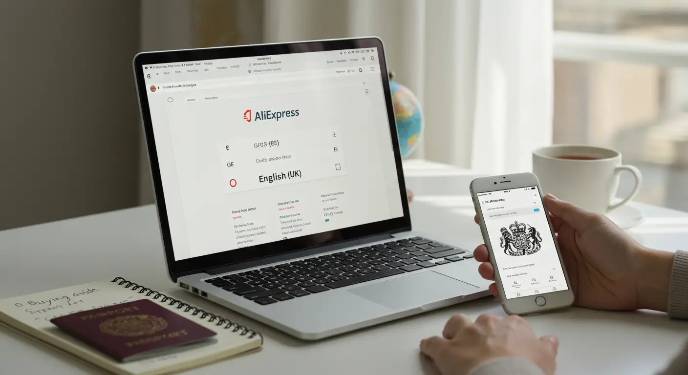 Screenshot of the AliExpress website homepage with the currency set to GBP (£) and the language set to English (UK), highlighting the location of the settings menu in the top-right corner.