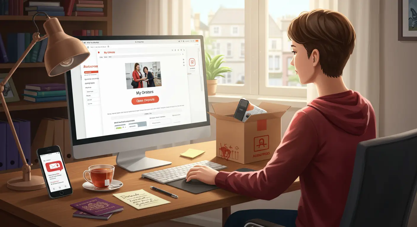 Screenshot of the Aliexpress website showing the 'My Orders' page, with a red arrow pointing to the 'Open Dispute' button next to a recent purchase, guiding users from the UK through the process of starting a dispute.
