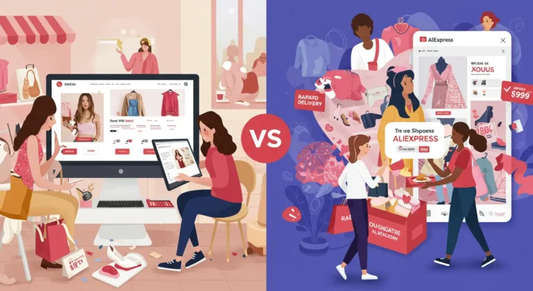 Two women browsing fashion on laptops, Shein and AliExpress logos displayed, surrounded by trendy clothes, accessories, and discount tags, highlighting affordable online shopping.