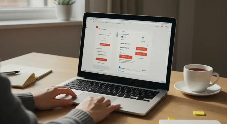 A person in the UK navigating Aliexpress on a laptop, following step-by-step instructions to open a dispute regarding an online shopping order.