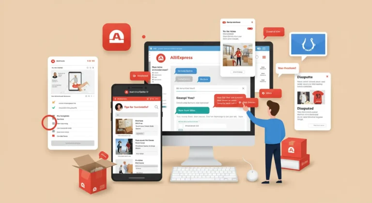 Laptop displaying AliExpress website, user reviewing dispute tips, checklist and communication icons highlighting best practices for resolving online shopping issues with sellers.