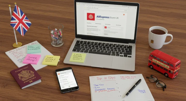 Top 10 tips for first-time AliExpress buyers in the UK, featuring shopping carts, mobile devices, and secure payment icons, highlighting online shopping safety.