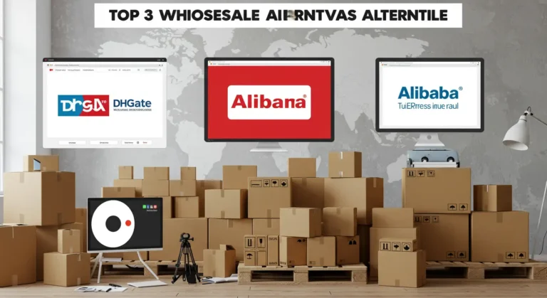 Three laptops displaying popular wholesale websites, shopping carts with bulk packages, and digital icons highlighting top alternatives to AliExpress for bulk online shopping.
