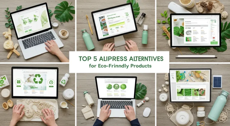 Eco-friendly online shopping platforms, showcasing sustainable products, green packaging, reusable items, and ethical brands as top AliExpress alternatives for conscious consumers.