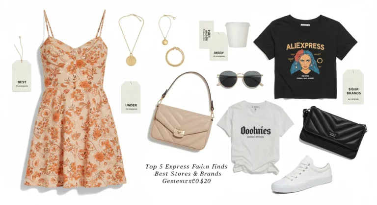 Five stylish, affordable fashion finds from Aliexpress displayed on a laptop screen, highlighting trendy online shopping deals under $20 for budget-conscious shoppers.