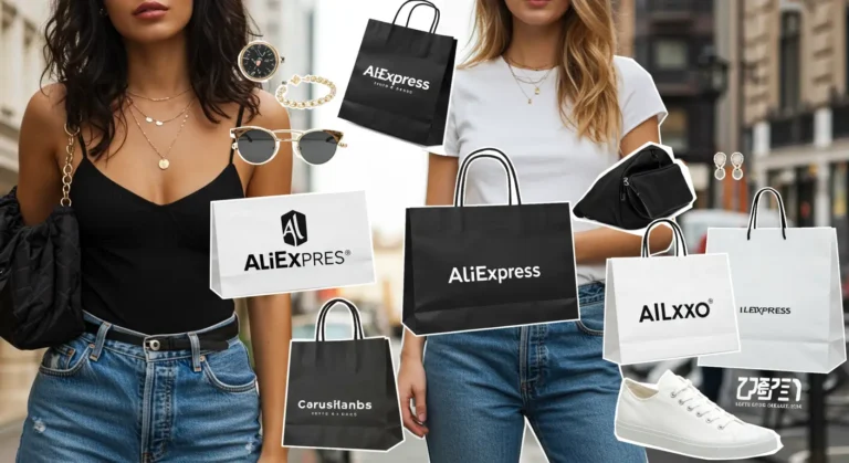 Trendy online shopping concept featuring top 5 fashion brands on Aliexpress, stylish outfits, accessories, and digital devices for a modern fashion-forward look.