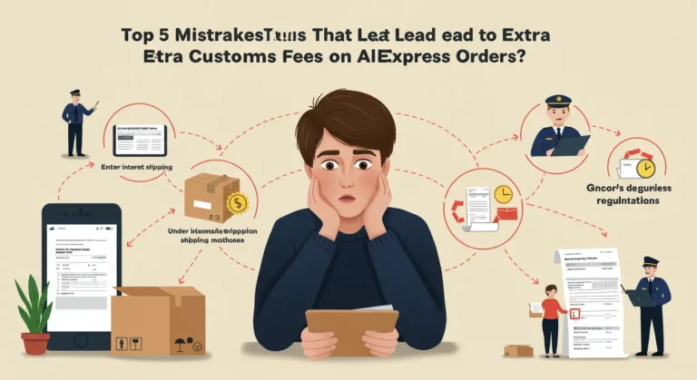 Five online shoppers confused at a customs desk, surrounded by AliExpress packages, documents, and extra fee notices, illustrating costly mistakes in international shopping.