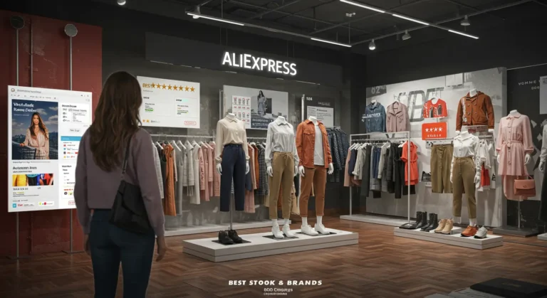 Collage of top-rated AliExpress clothing stores, featuring stylish outfits, positive review stars, and online shopping icons for 2025 fashion trends.