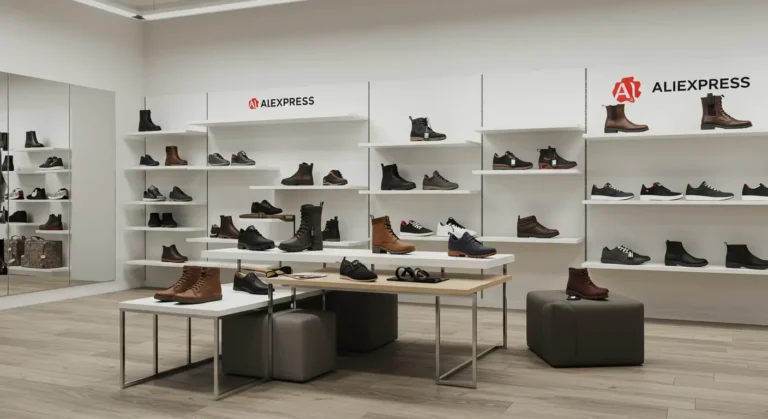 Selection of stylish men’s and women’s shoes displayed on a laptop screen, representing popular AliExpress shoe stores for online shopping.