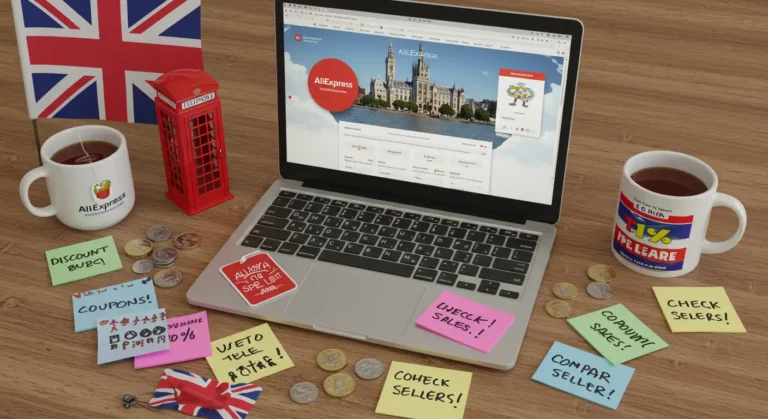 Woman browsing AliExpress deals on laptop, holding credit card, surrounded by shopping bags and discount icons, representing money-saving tips for UK online shoppers.