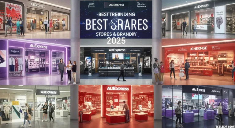 Top AliExpress stores in 2025, featuring trending products and popular brands. Online shoppers browsing deals on electronics, fashion, and accessories from global sellers.