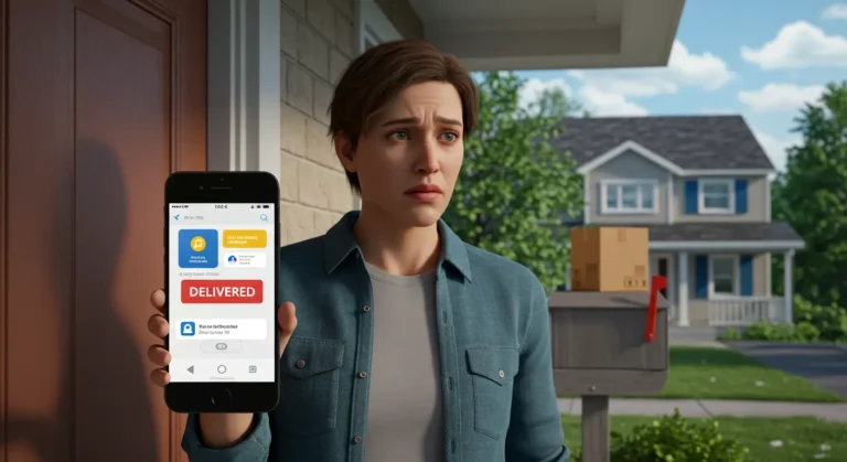 Worried shopper checks empty doorstep and phone, searching for missing online order despite tracking status showing package delivered. Online shopping delivery problem.