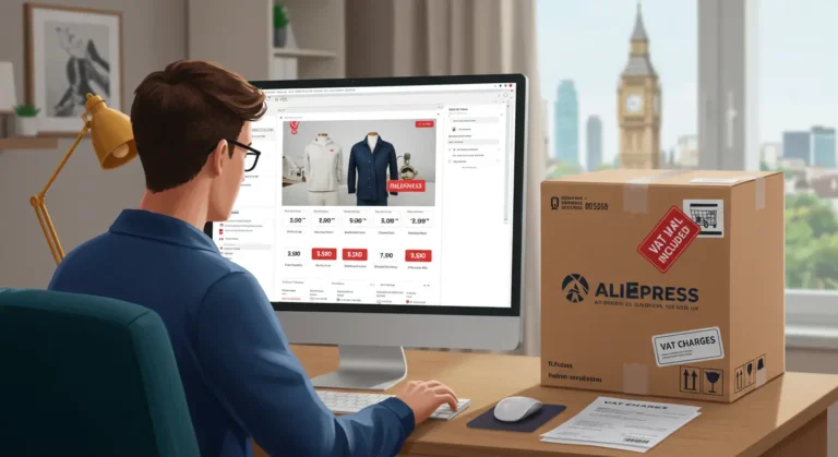 Online shopper browses AliExpress on laptop, highlighting VAT charges and UK delivery, with shopping cart and tax symbols emphasising UK import tax rules.