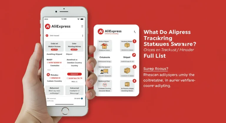 Aliexpress tracking statuses explained with icons and descriptions, illustrating each shipping stage for online shopping orders, from dispatch to delivery in the UK.