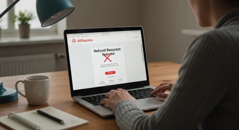 A disappointed buyer reviews a rejected refund request on AliExpress, highlighting online shopping disputes, customer support, and unresolved order issues.