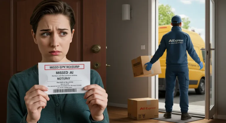 Missed AliExpress parcel lies by the doorstep, with a delivery note and worried customer checking tracking on their smartphone, symbolising online shopping issues.