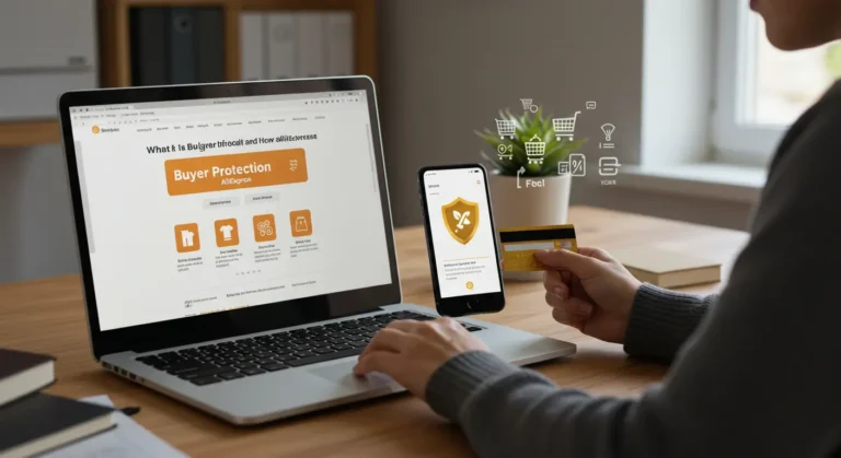 A shopper reviews Aliexpress Buyer Protection policy on a laptop, ensuring secure online purchases and safe transactions through detailed guidelines and trust indicators.