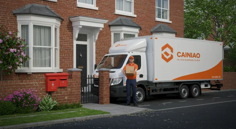 Cainiao logistics delivery van and parcels, symbolising reliable online shopping and international shipping services for UK customers through advanced tracking and efficient distribution network.