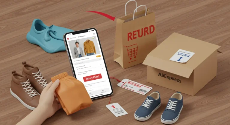Clothing and shoe returns on AliExpress: customer checking return policy details online before sending back unwanted items for refund or exchange. Online shopping concept.