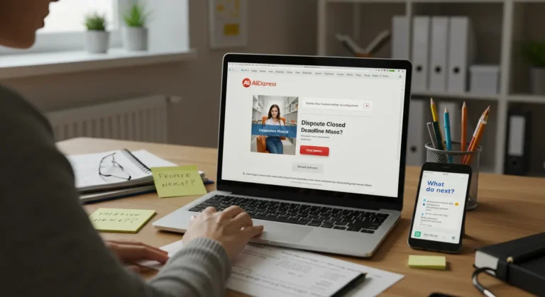 Alarm clock next to a laptop displaying AliExpress logo, highlighting urgency and missed dispute deadline in online shopping scenario.
