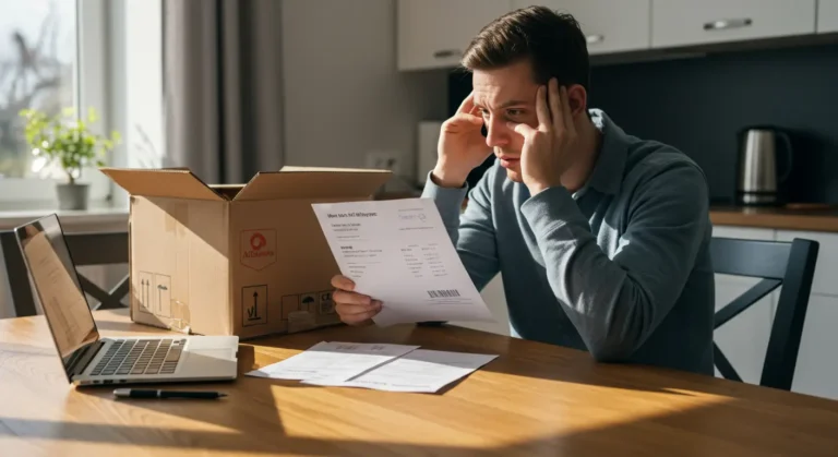 Online shopper reviews Aliexpress order, highlighting VAT overcharge issue, with laptop, receipts, and UK flag symbolising cross-border e-commerce and tax concerns.