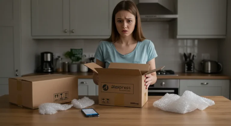 Aliexpress parcel opened to reveal damaged item, customer holding broken product, laptop displaying Aliexpress dispute page, symbolising online shopping issues in the UK.