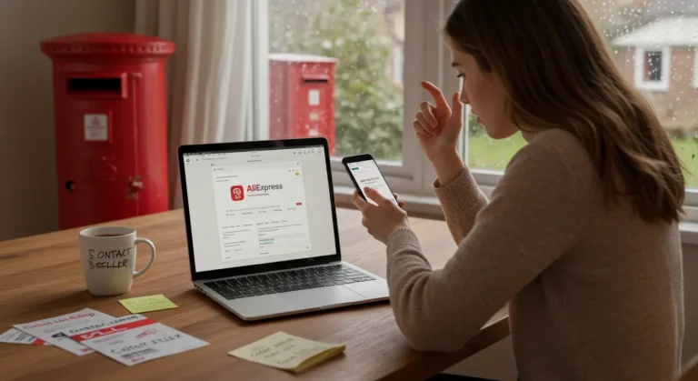 Frustrated shopper tracking delayed AliExpress package online, surrounded by shopping bags and a UK flag, highlighting online shopping delivery issues.