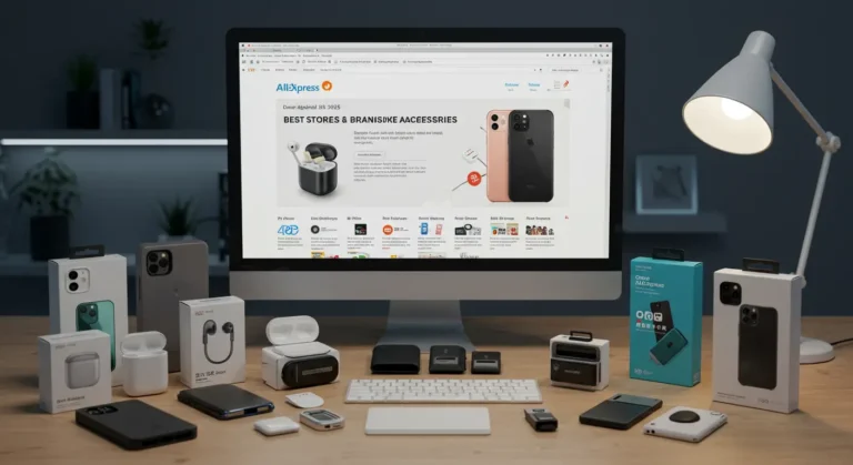 Smartphone accessories displayed with Aliexpress logo, shopping cart, and secure payment icons, highlighting trusted online shopping for quality phone products in 2025.