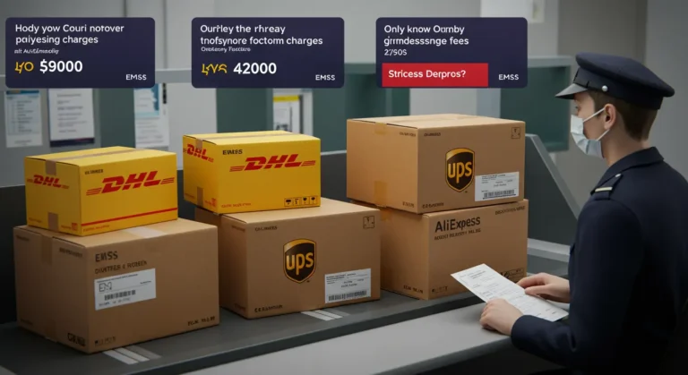 Several courier company logos with customs fees and Aliexpress parcels, highlighting highest customs processing charges for online shopping deliveries to the United Kingdom.