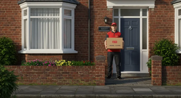 A delivery courier hands an AliExpress parcel to a UK customer at their doorstep, representing international online shopping and parcel delivery services.