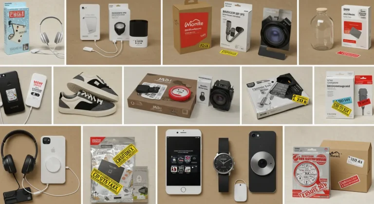 Assorted online shopping items from AliExpress, including electronics, clothing, and accessories, some marked with tax symbols, highlighting goods most likely taxed on import.