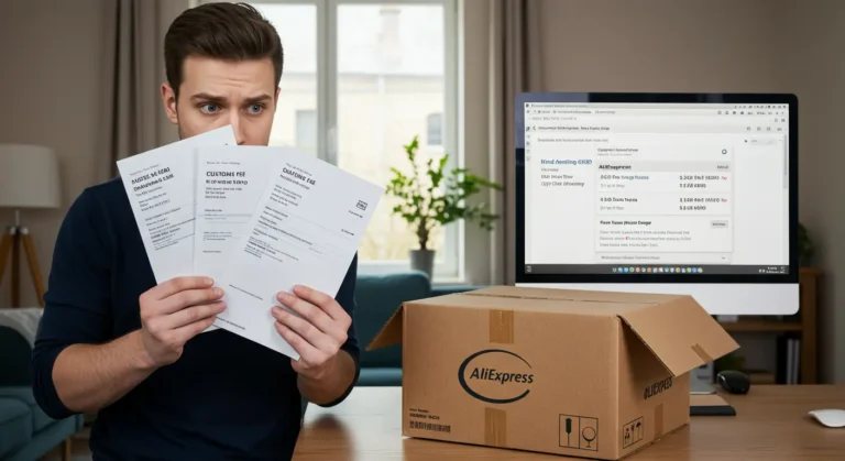 AliExpress customer confused by double customs charges, holding package and bill, shopping online in the UK, questioning unexpected import fees.