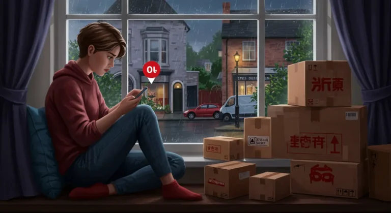 Delayed AliExpress parcel tracking on a smartphone, with worried UK shopper and calendar highlighting late delivery in an online shopping context.