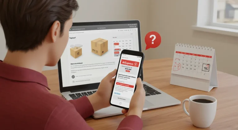 A frustrated shopper checking a laptop screen displaying a stuck AliExpress tracking page, symbolising delivery delays and online order tracking issues.