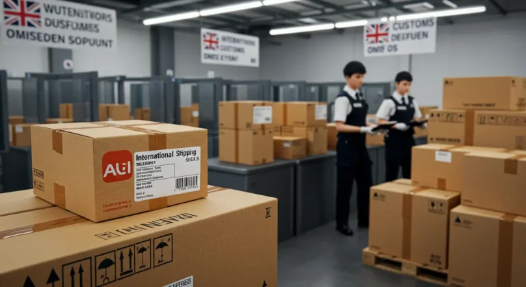 AliExpress package held at UK customs, with shopping bags, parcels, and customs officer inspecting international online shopping deliveries for clearance.