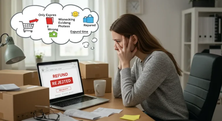 AliExpress app screen displays refund rejected notification, highlighting common online shopping mistakes such as incorrect reason selection and insufficient evidence for claims.