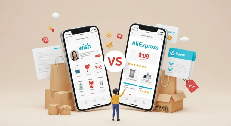 Wish and AliExpress logos displayed on a smartphone screen, surrounded by shopping icons, symbolising comparison of value and deals for online shoppers.
